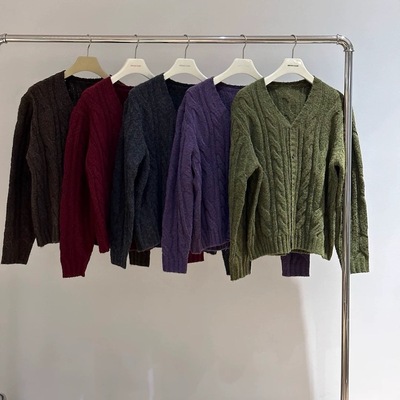 方人也屹秋冬韩版羊毛混纺麻花v领毛衣男宽松针织开衫外套百搭