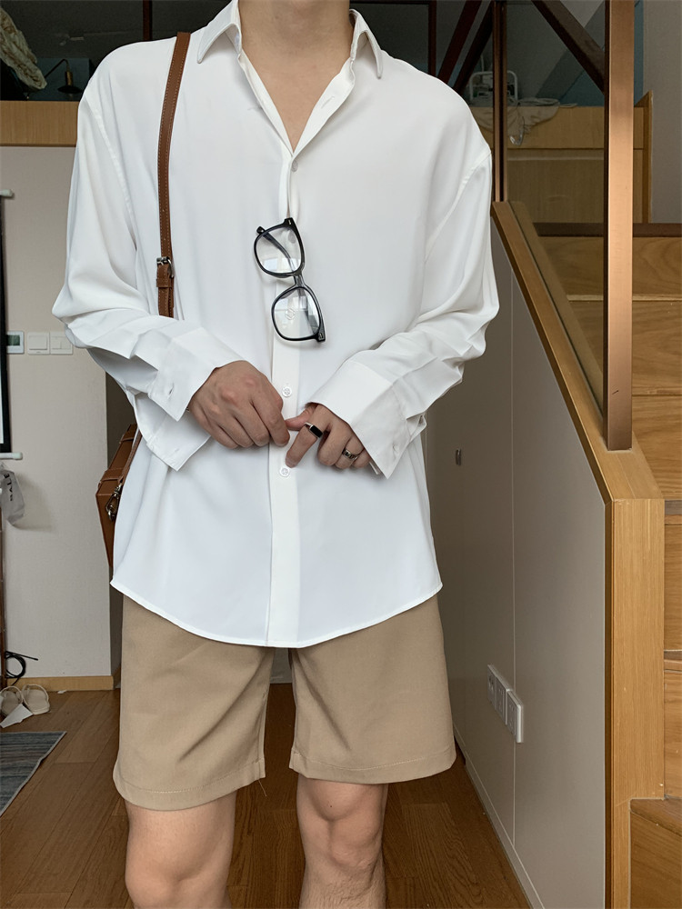 方人也屹夏季新款韩版长袖衬衫男白色宽松休闲衬衣薄款帅气舒适