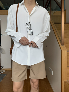 方人也屹夏季新款韩版长袖衬衫男白色宽松休闲衬衣薄款帅气舒适