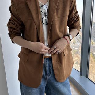 休闲设计感西服外套垫肩 男宽松大版 方人也屹春秋韩版 仿鹿皮绒西装