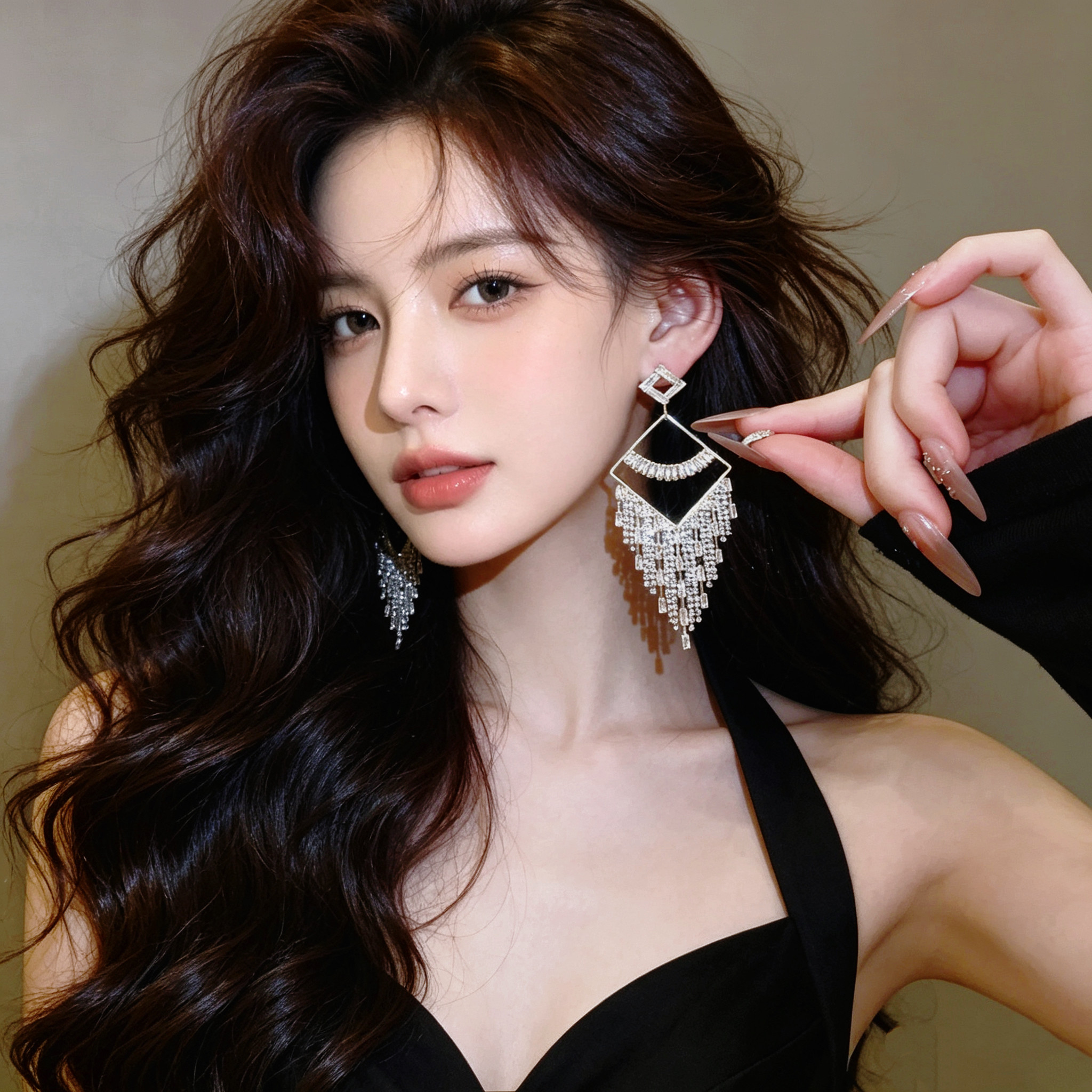 爆款欧美韩版时尚气质流苏锆石轻奢设计高级感千金风气质几何耳环
