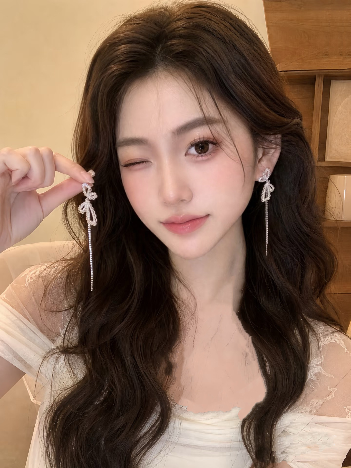 超仙蕾丝蝴蝶结流苏耳环女长款耳钉微镶锆石轻奢高级感清冷感耳饰