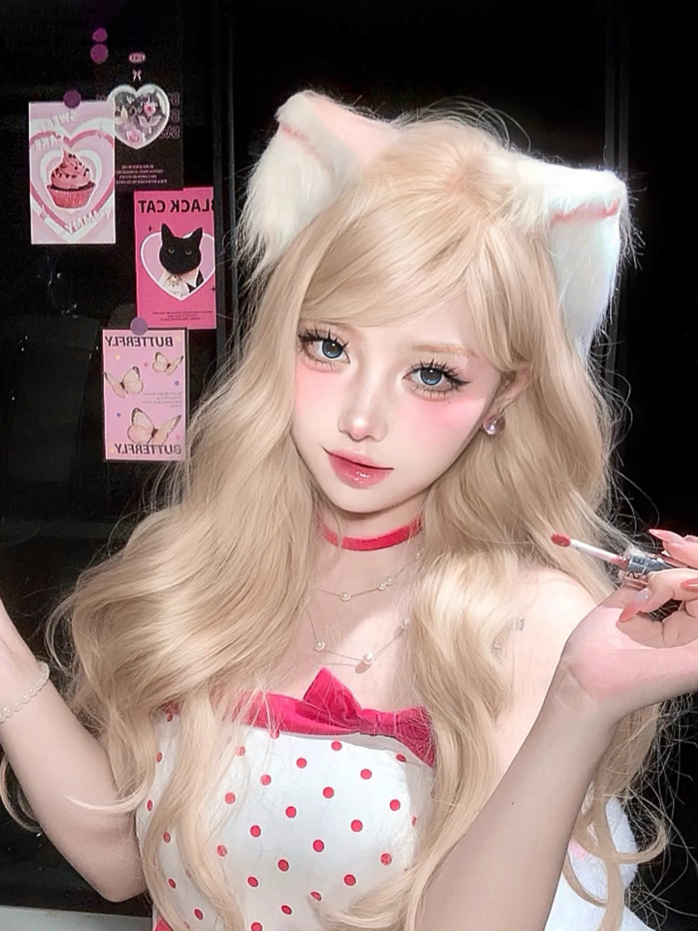 粉白色毛绒猫耳朵头饰发夹女cos漫展甜美Lolita猫娘手作兽耳发卡