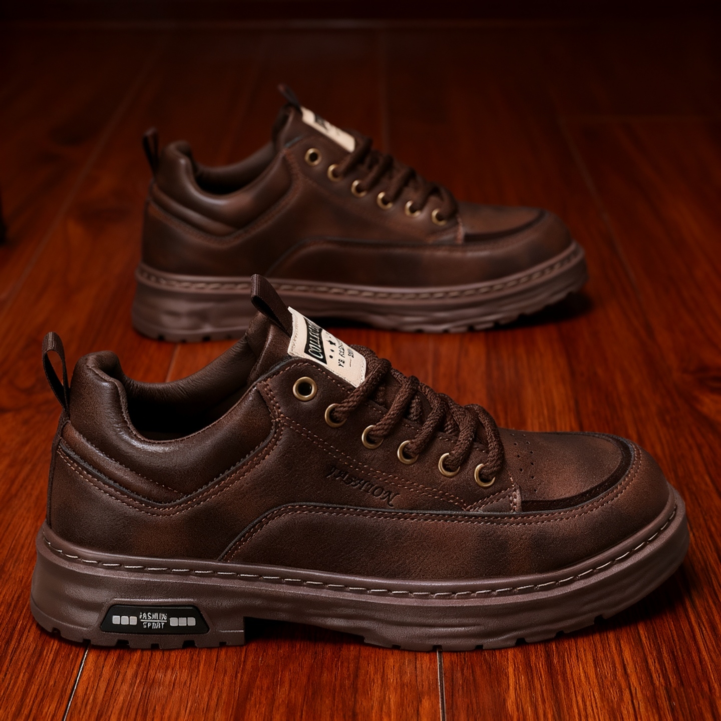 男鞋2025新款百搭男士棕色德训鞋复古工装皮鞋低帮系带厚底休闲鞋