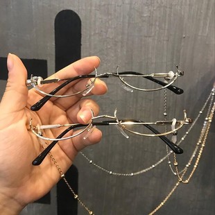 日系无镜片ins网红下半框平光镜复古文艺纯欲金丝链条眼镜凹造型