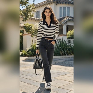 简约风V领条纹针织衫 logo款 2025年秋 新款 SoulSense秋季