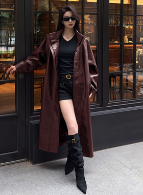 SoulSense长袖立领女风衣春秋连帽插肩袖复古欧美风翻领修身皮衣