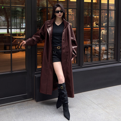 SoulSense长袖立领女风衣春秋连帽插肩袖复古欧美风翻领修身皮衣