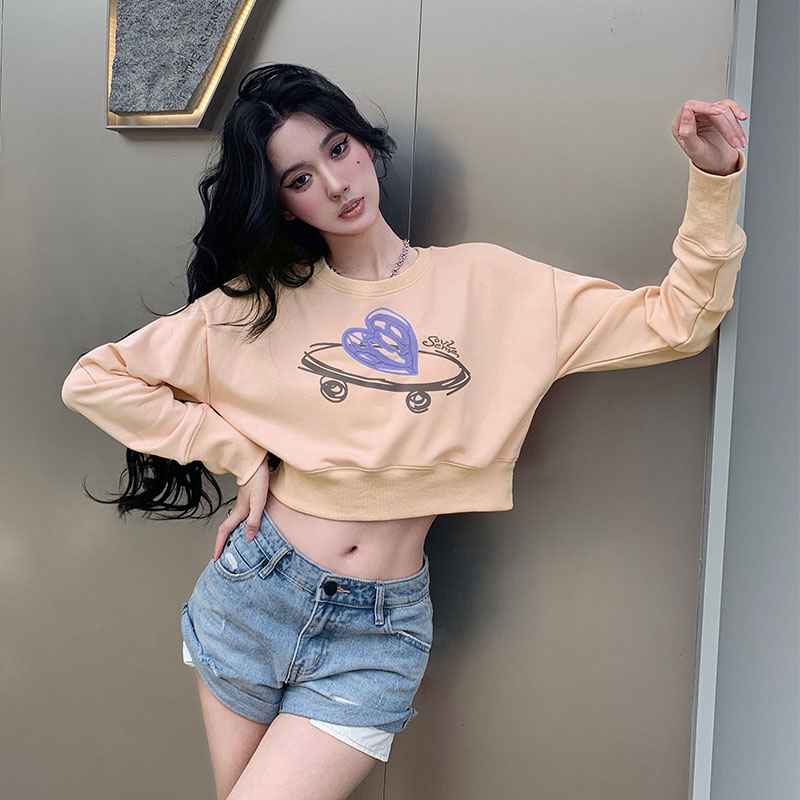 爱心印花辣妹短款灯笼袖长袖