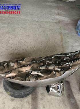 不锈钢镜面抽象小船雕塑金属户外水景水池渔人与船纯手工摆件定制