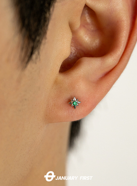 新款S925纯银八芒星螺纹耳钉男高级感小巧女款痞帅黑色单只潮耳环