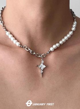 不规则金属石头钛钢项链男女生高级感冰裂珠珍珠拼接时尚情侣小众