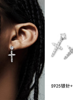 十字架满钻锆石耳钉嘻哈潮流耳饰S925纯银针欧美耳坠男女生款耳环