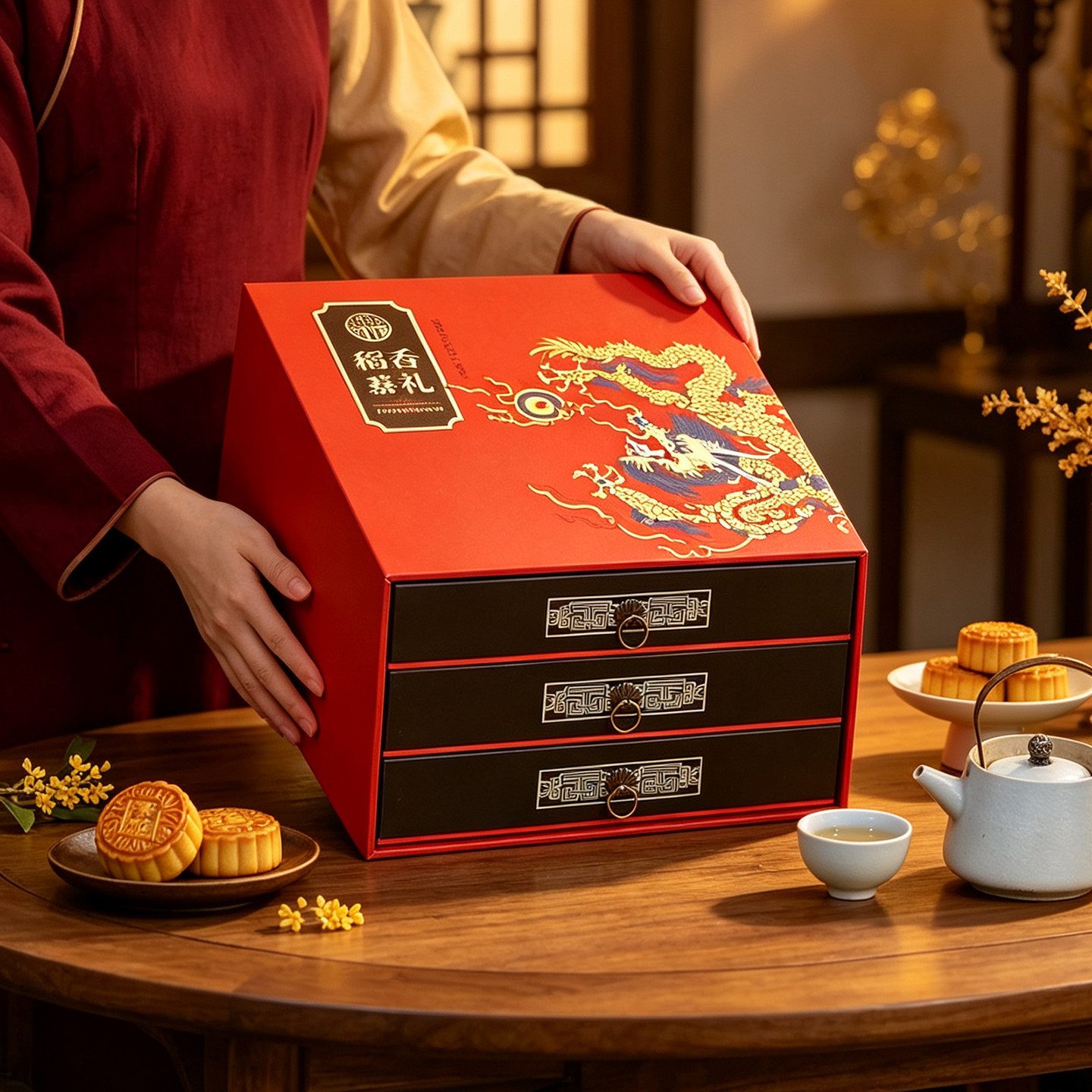 稻香村月饼礼盒装国潮三层嘉礼传统五仁蛋黄莲蓉中秋送人高档礼品