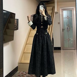连衣裙两件套 中长款 微胖MM气质名媛黑色小香风套装 女秋冬复古法式