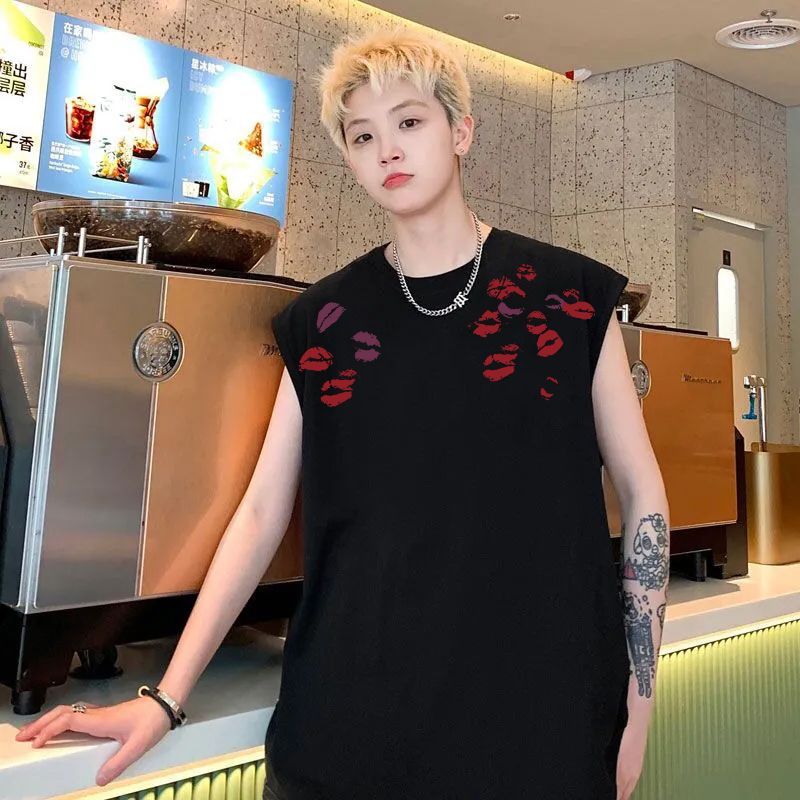 美式潮牌重磅情侣无袖坎肩背心t恤ins男女夏季宽松百搭字母印花潮