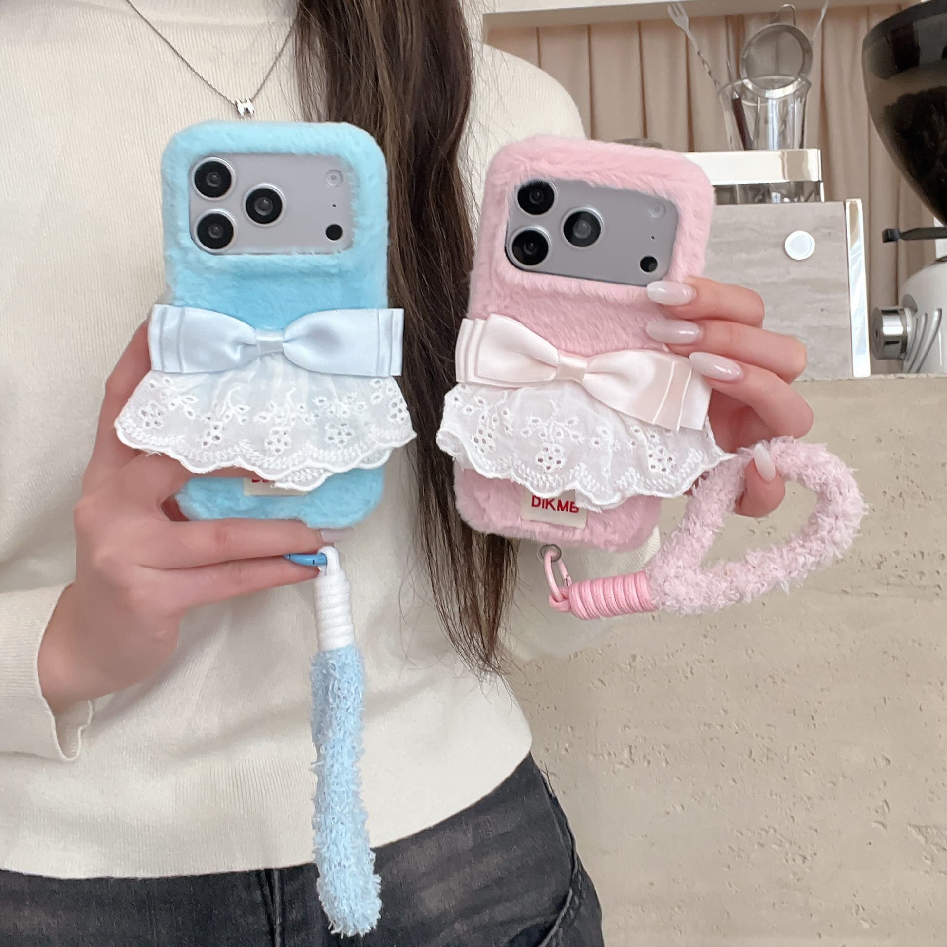 秋冬毛绒蕾丝边蝴蝶结手机壳