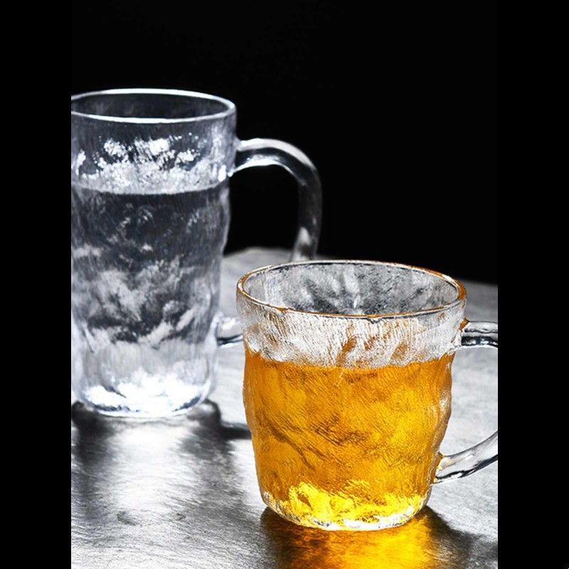 冰川纹玻璃杯马克带把手高颜值水杯男家用啤酒高级感喝水杯子茶杯