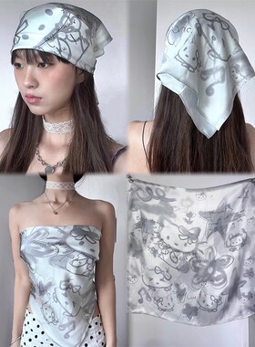 定制款~手绘涂鸦灰色HelloKitty头巾女夏季y2k辣妹丝巾抹胸方巾