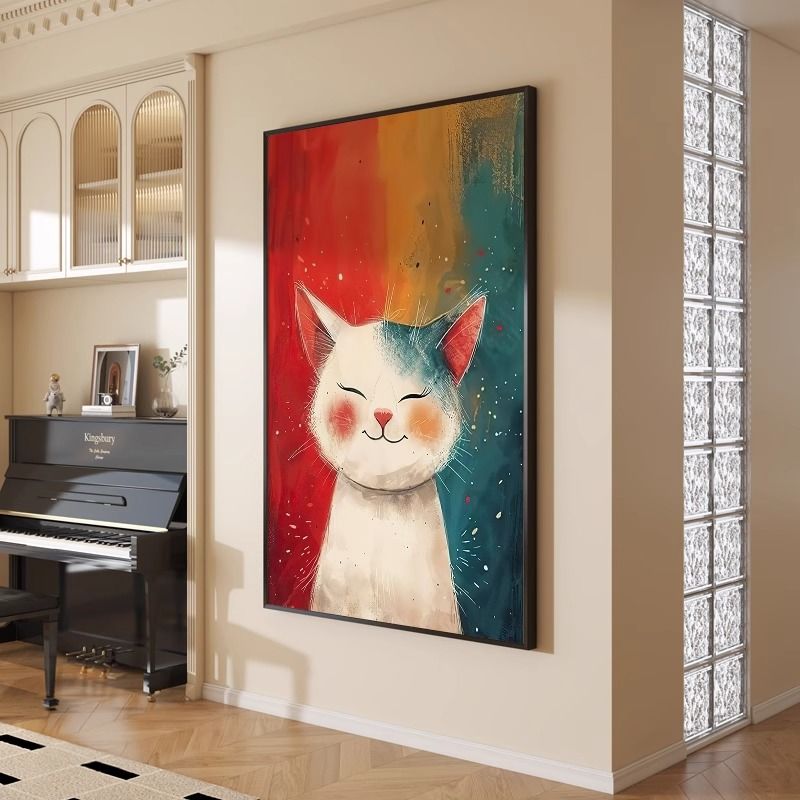 法式中古风彩色画卡通可爱猫咪趣味挂画多巴胺客厅餐厅玄关装饰画图片