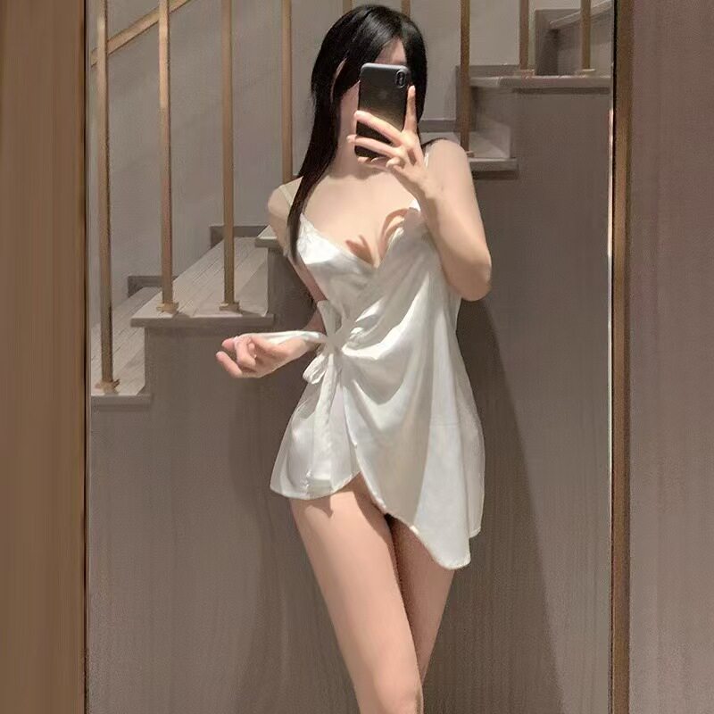 新款睡衣冰丝白衬衫系带修身显瘦缎面吊带睡裙纯欲家居服睡衣女