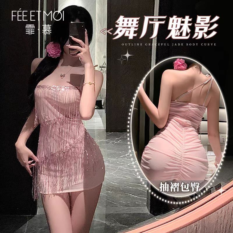性感短裙禁欲系装纯欲低胸连衣裙透色裙子亮片流苏包臀短裙单肩