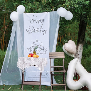 森系户外生日场景布置装饰网纱背景4岁女孩生日海报挂布拍照道具