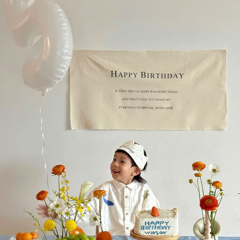 简约日系生日海报背景布挂布生日帽5岁男孩生日场景氛围布置拍照