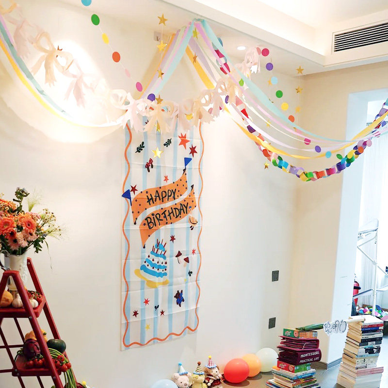 网红小成本儿童生日场景挂布圆片拉旗蝴蝶结拉花背景墙布置材料包