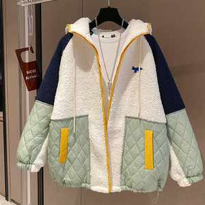 清仓捡漏专柜撤回大牌外贸秋冬羊羔毛棉服女拼接撞色加绒加厚外套