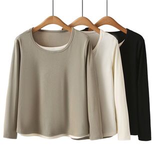 202 4 秋冬新款大码女装时尚纯色圆领假两件长袖打底衫 H141 6654