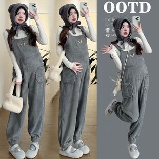 孕妇装秋冬装2024新款背带裤打底上衣加绒加厚时尚显瘦休闲套装