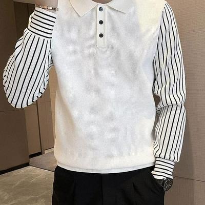 高级感翻领针织POLO衫毛衣男士秋冬季潮牌条纹休闲内搭打底衫上衣