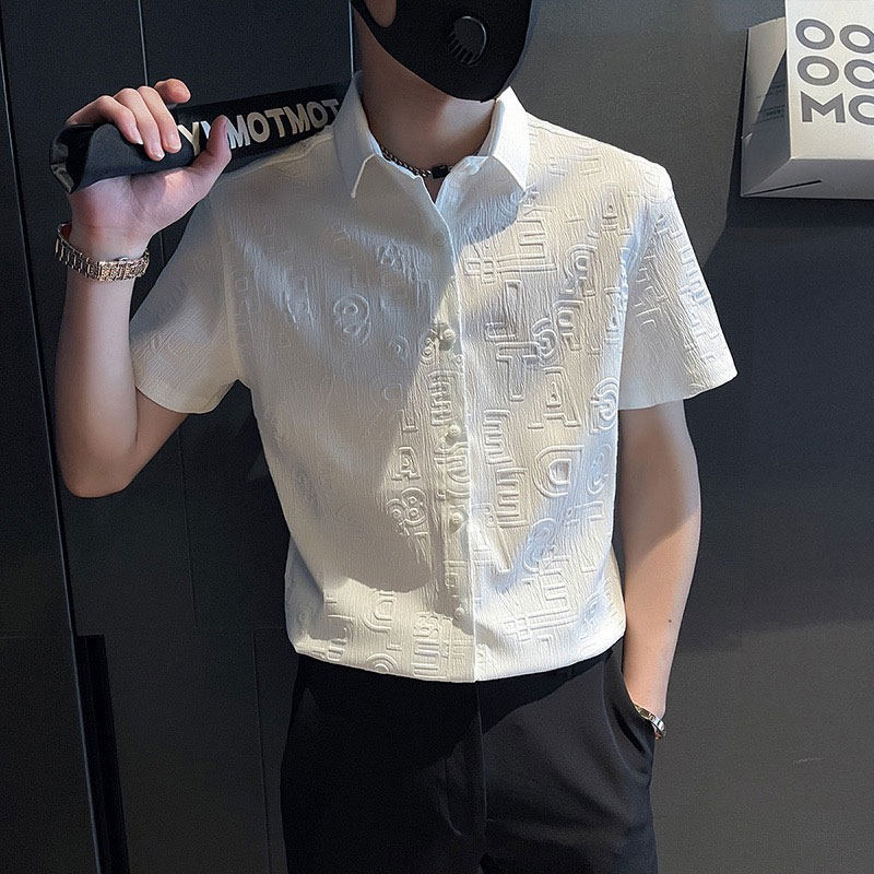 痞帅休闲短袖衬衫男夏季男装上衣潮流修身高级感白色寸衫网红衬衣