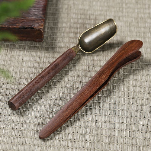 功夫茶具配件黑檀实木茶夹二件套防滑镊子茶勺茶杯茶叶夹子取茶器