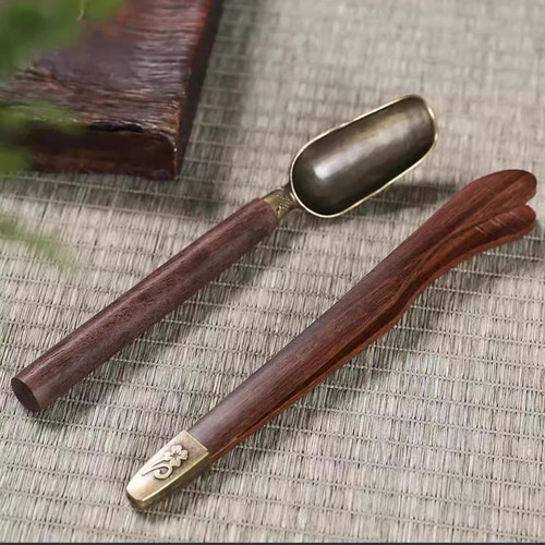 功夫茶具配件黑檀实木茶夹二件套防滑镊子茶勺茶杯茶叶夹子取茶器