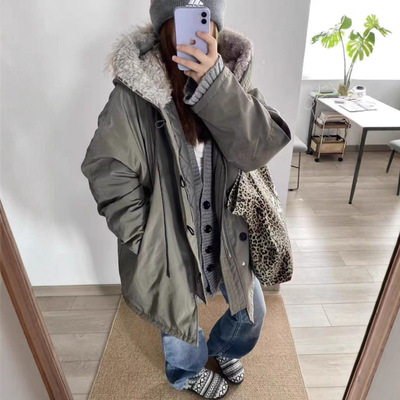 NISIS美式复古羊羔毛连帽中长款女冬季新款夹棉加厚保暖棉衣外套