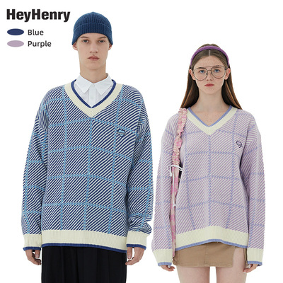 HeyHenry 学院风V领拼接情侣毛衣oversize秋季慵懒风长袖针织衫