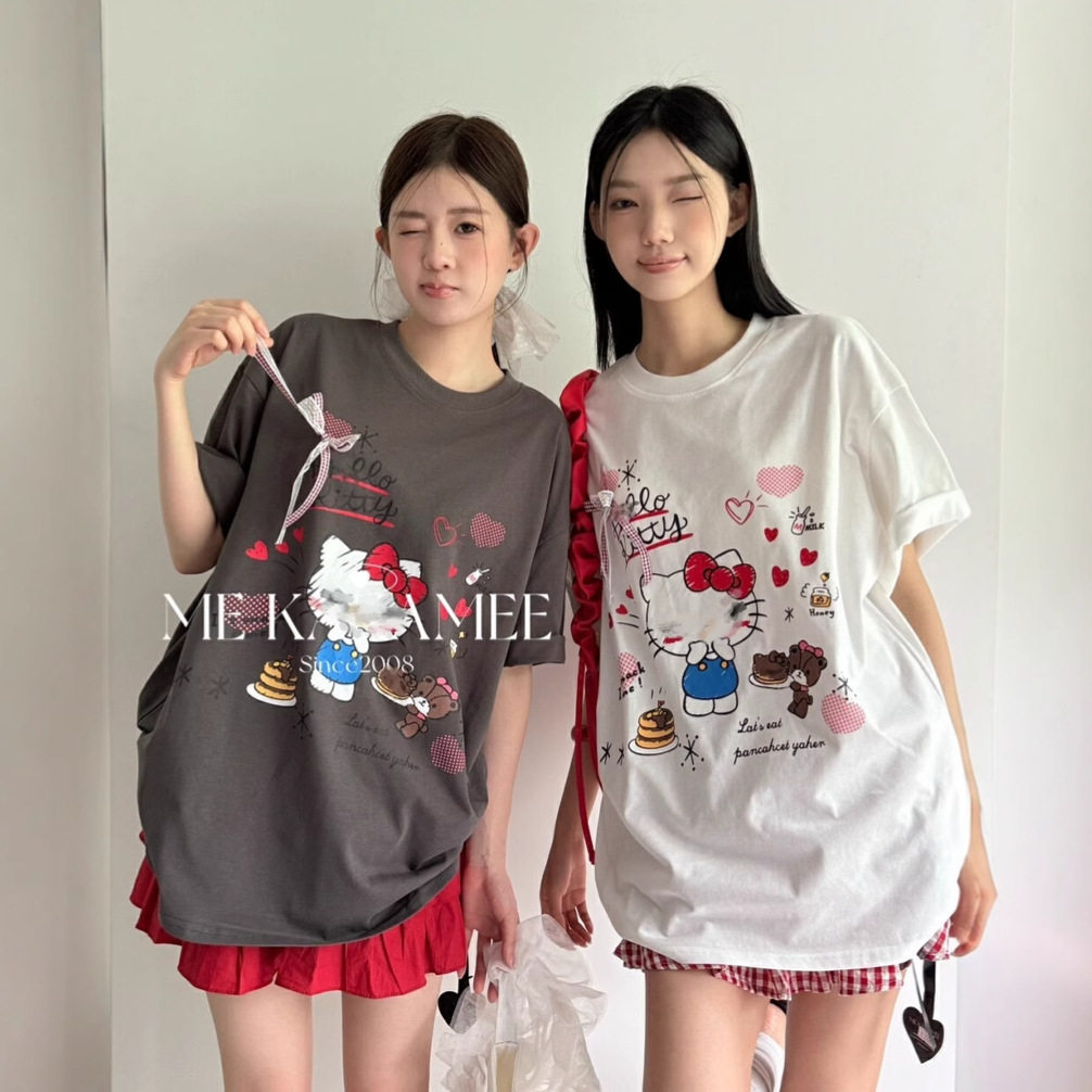 KAKAMEE十三行夏新品潮流KT猫喷画大版显瘦遮肉短袖T恤女 S3301