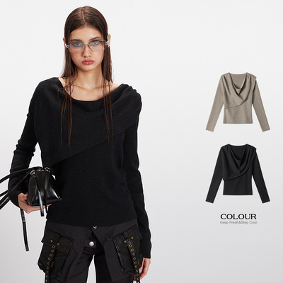 HeyHenry 设计感荡领秋冬长袖针织衫女美式修身时尚内搭打底上衣