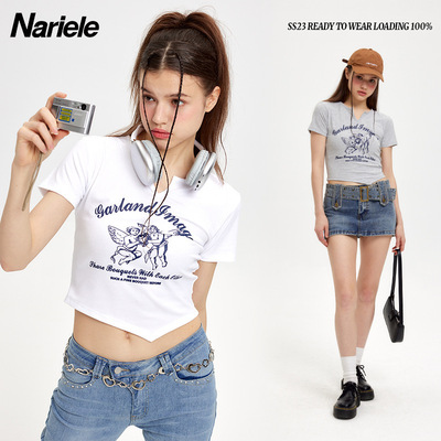 HeyHenry 休闲百搭短款短袖上衣女早春不规则衣摆辣妹显瘦T恤夏季