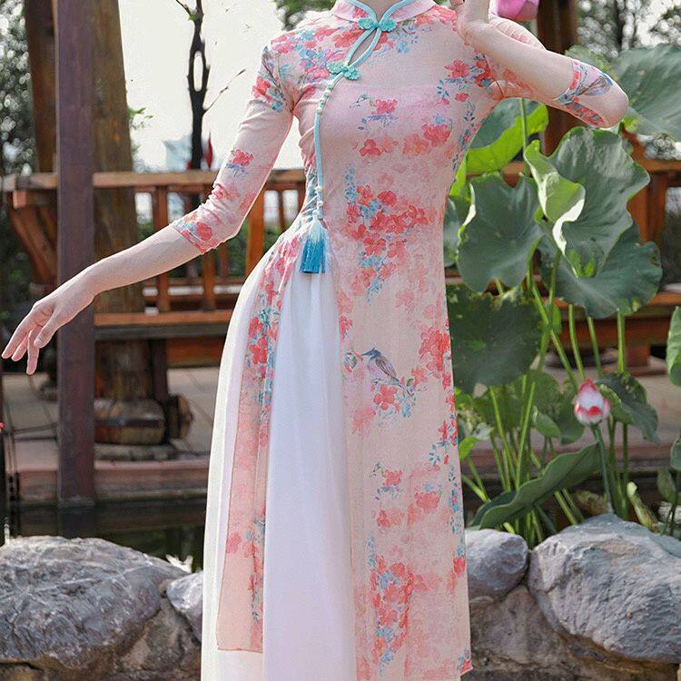 古典舞印花旗袍身韵练功服女上衣飘逸演出服中国舞纱衣套装