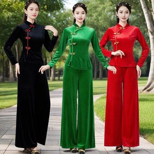 金丝绒演出服阔腿裤 广场舞服新款 旗袍领长袖 中老年秋冬款 黑色 套装