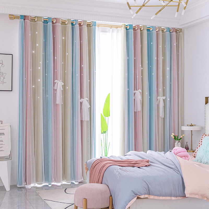 新款双层成品网红遮光渐变镂空星星客厅卧室飘窗布纱一体窗帘
