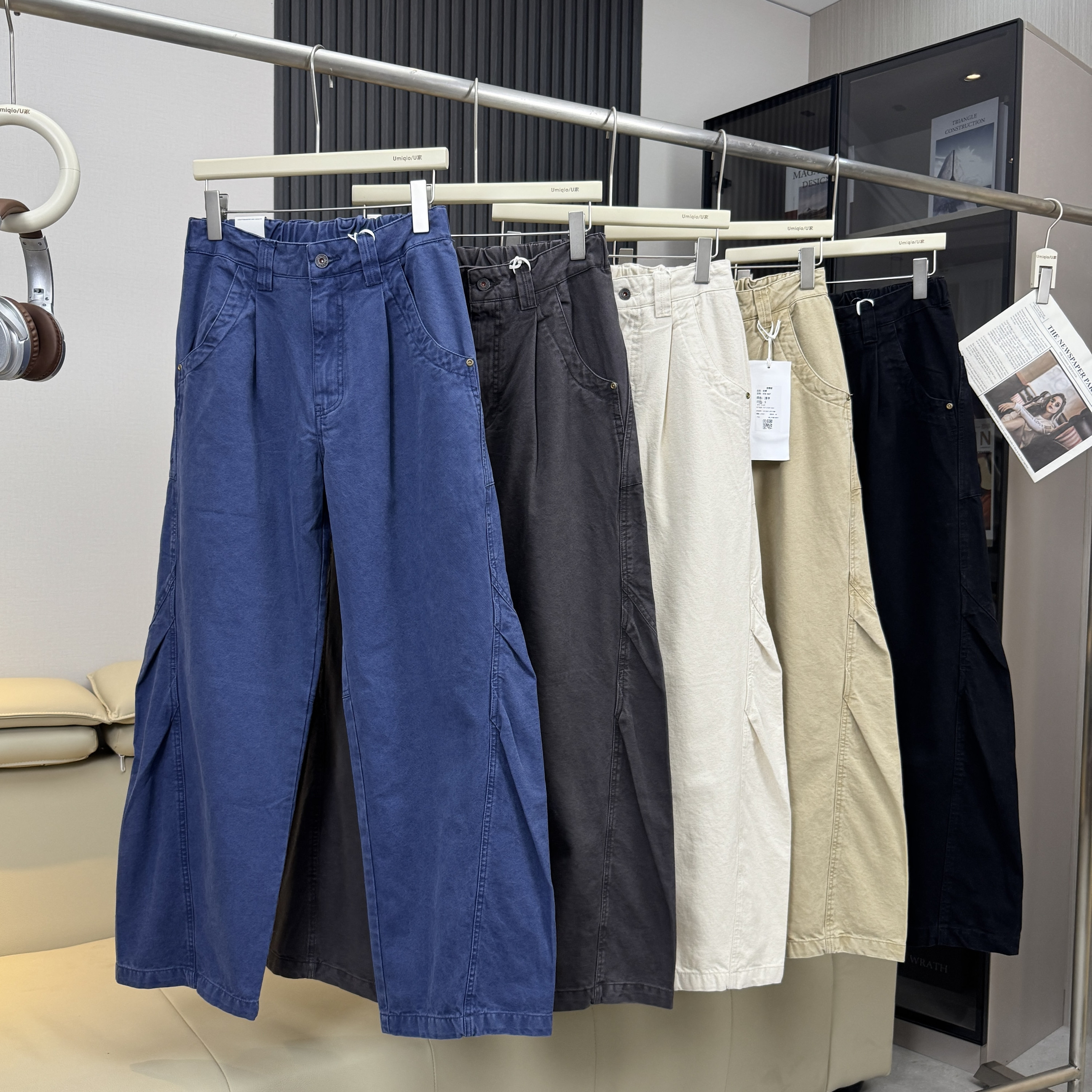 棵米ai蕉家！日系复古弯刀拼接工装裤宽松直筒阔腿休闲简约牛仔裤