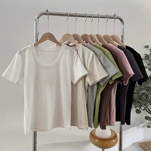 自留款 T恤螺纹棉百搭显瘦弹力打底简约基础上衣 露锁骨U领短袖