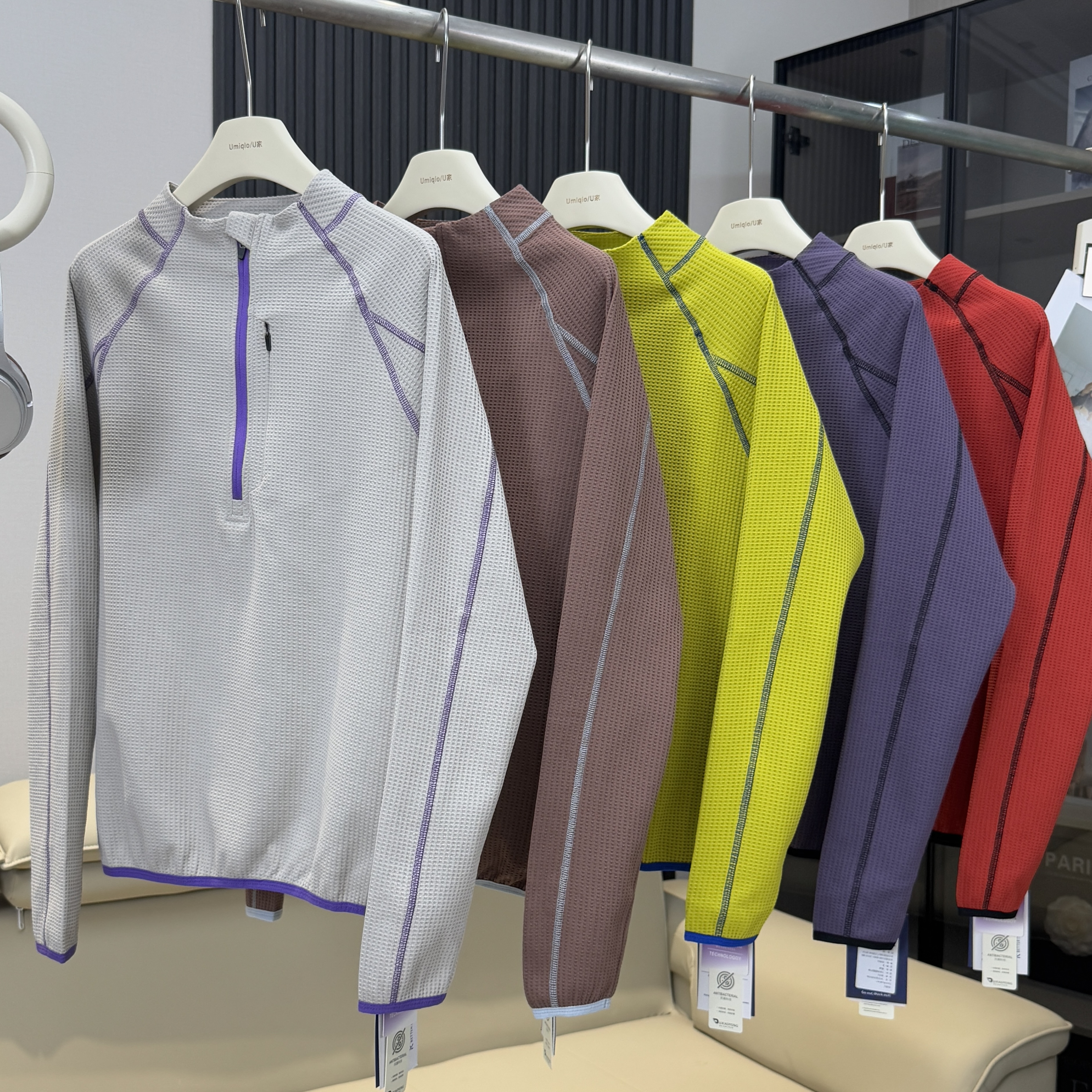 棵米ai蕉家！户外山系情侣半拉链立领华夫格速干运动长袖T恤卫衣