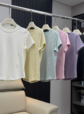 高定款！lu家明线收腰圆领正肩短袖T恤基础百搭显瘦运动瑜伽上衣