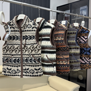 户外山系复古费尔岛羊羔毛西部卷叶纹马甲双面摇粒绒保暖背心外套