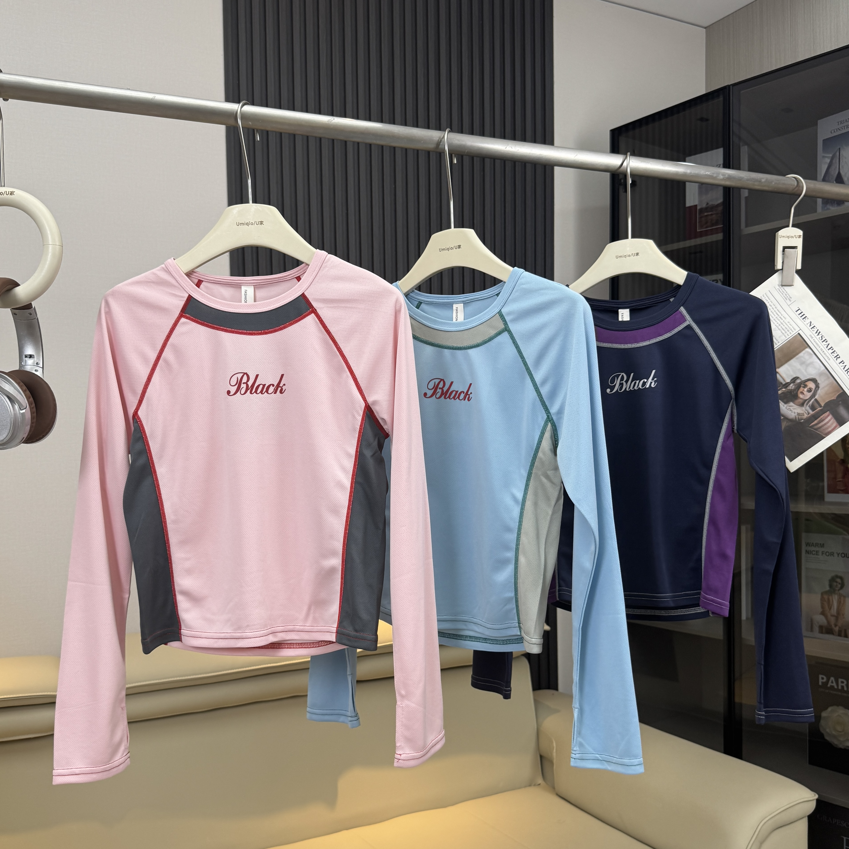 棵米ai蕉家户外山系小蛮腰显瘦撞色运动休闲速干短款骑行长袖T恤1